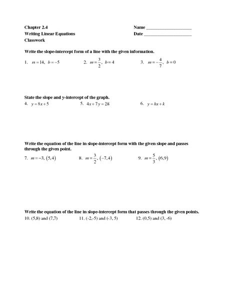 Writing Linear Equations Worksheet Answer Key Worksheets For All