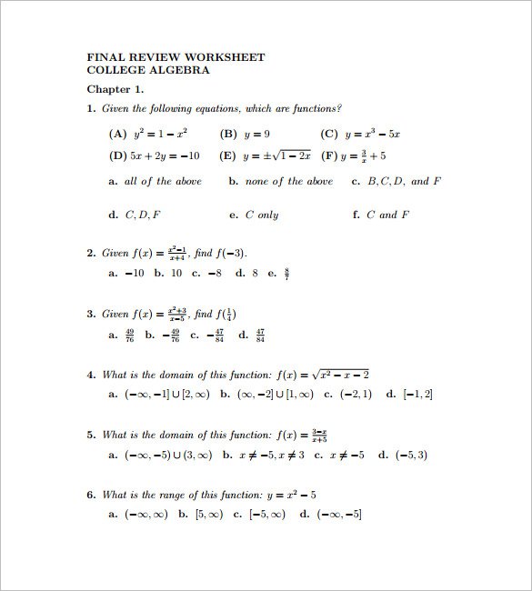 10+ College Algebra Worksheet Templates â Free Word & Pdf | Free ...