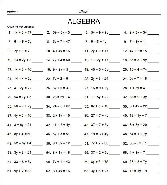 Math Worksheets Grade 7 Algebra