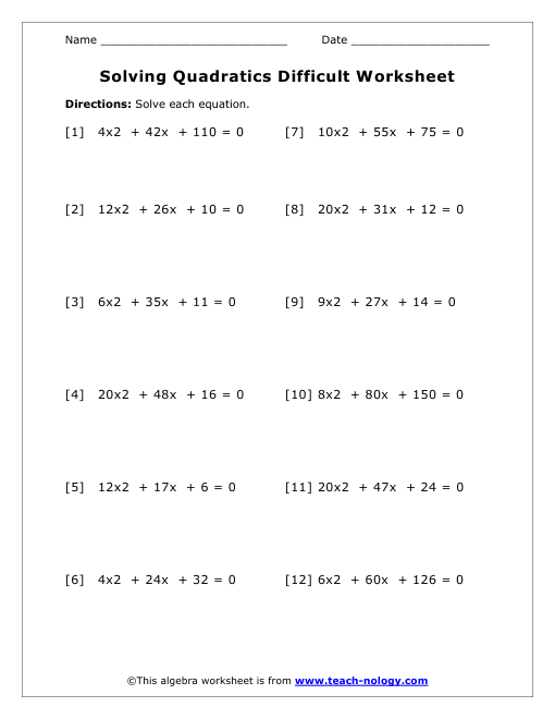 Algebra 2 Quadratic Formula Worksheet