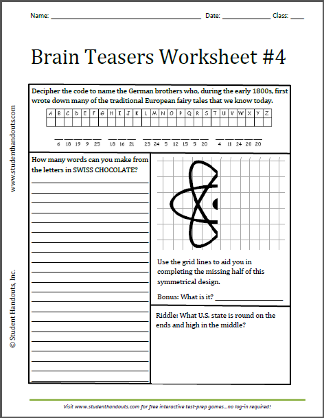 Brain Teaser Worksheets For Middle School Students