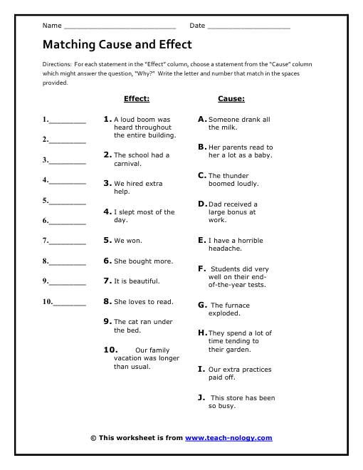 Cause And Effect Worksheet