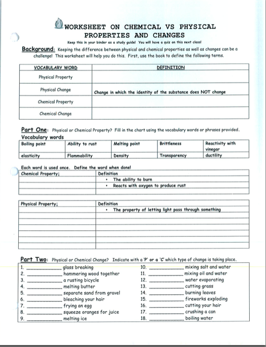 Chemical And Physical Properties Worksheet Chemical And Physical