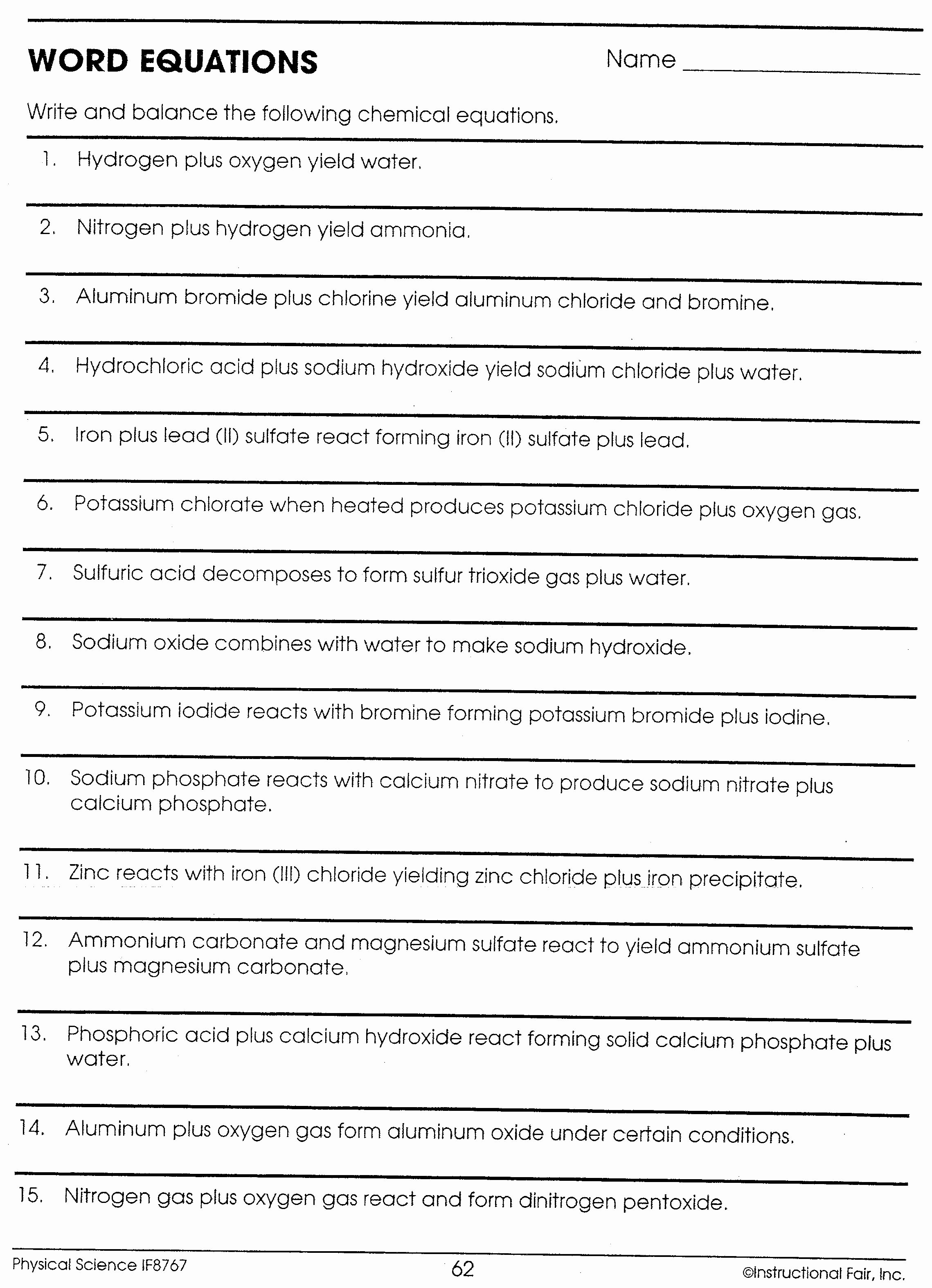 Chemistry Chemical Word Equations Worksheet Answers The Best