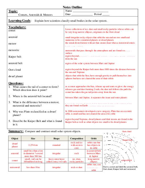 Comets Asteroids And Meteors Worksheets