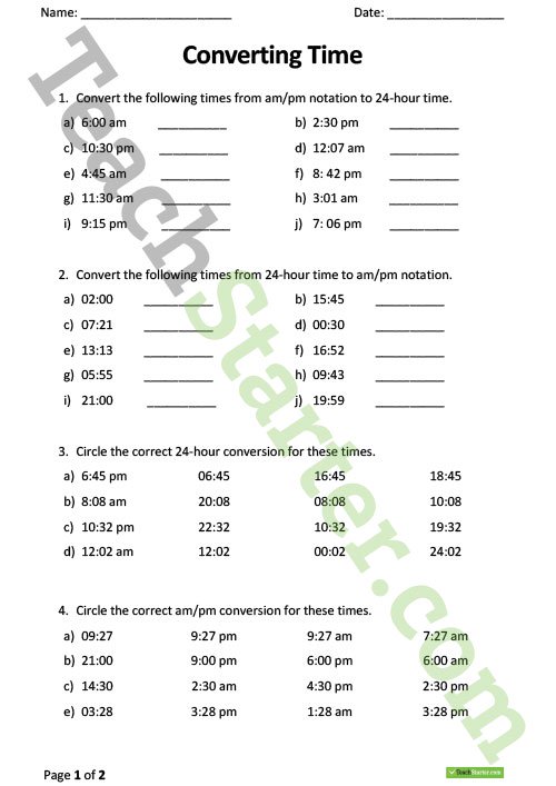 Converting Time Worksheet Teaching Resource â Teach Starter | Free ...