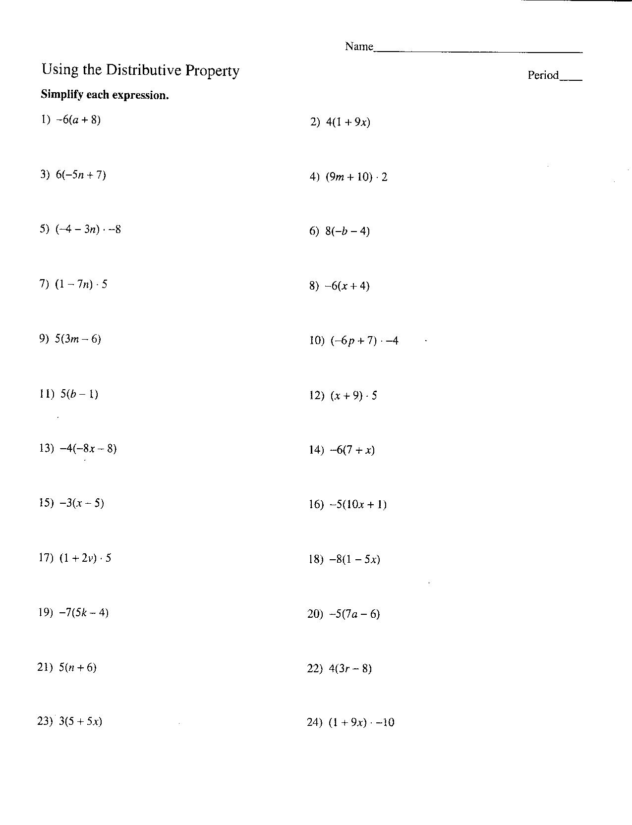 Distributive Property Integers Worksheet