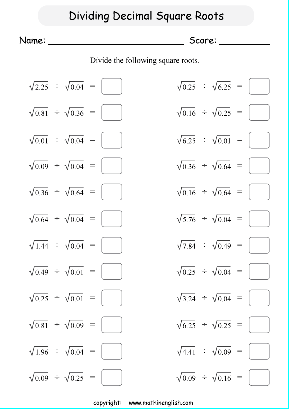 Divide These Decimal Square Roots  This Math Worksheet Is Based On