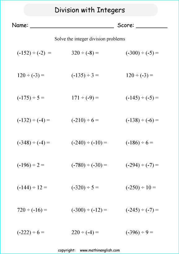 Division Of 3 Digit Integers And Negative Numbers Worksheet For