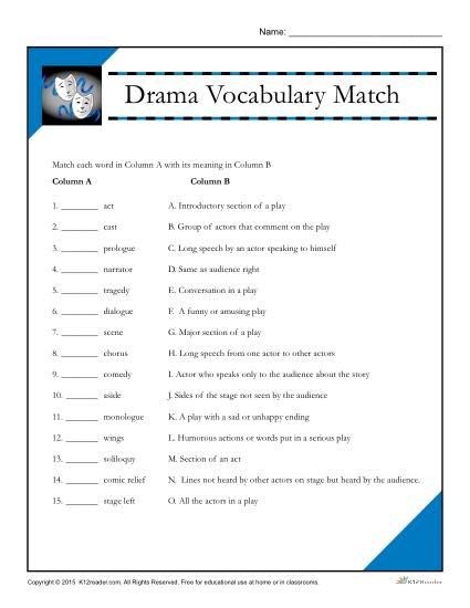 Drama Vocabulary Match Worksheet