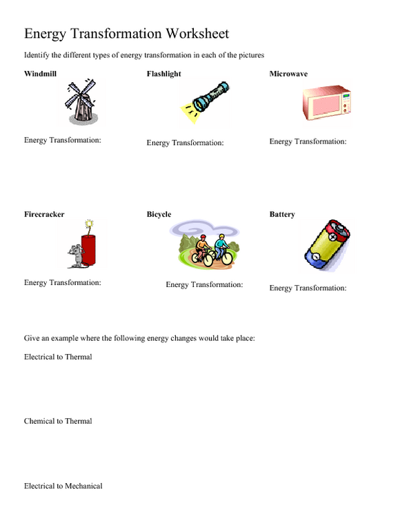 Energy Transformation Worksheet Energy Transformation Worksheet