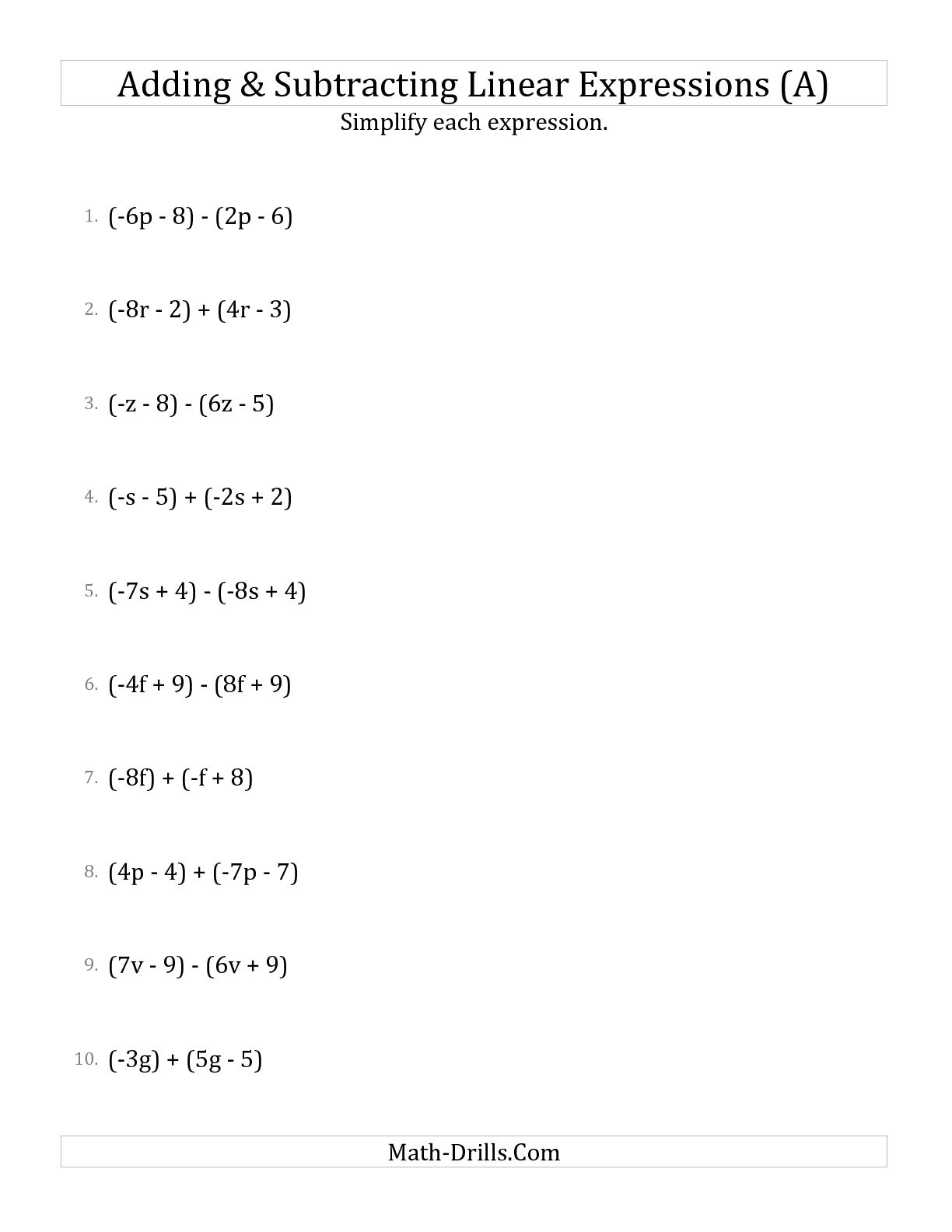 Equations Parentheses Adding And Subtracting Worksheets Math Free ...