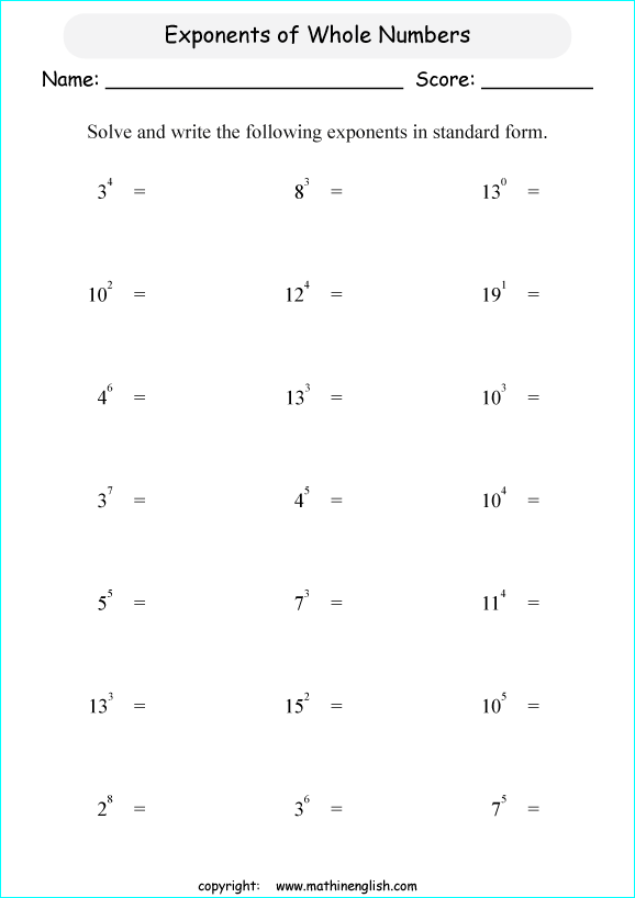 Exponent Worksheets For 6th Grade