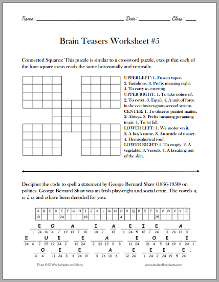 Fair Brain Games Printable Worksheets On Brain Teasers Worksheet 5