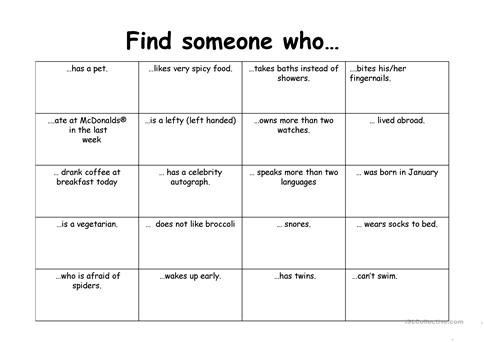 Find Someone Who Worksheet