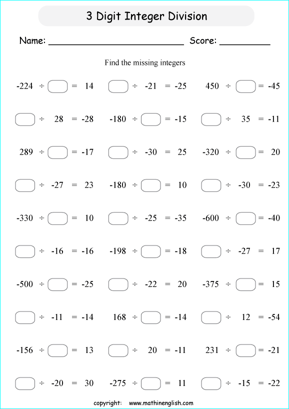 Find The Missing 3 Digit Integers In These Division Sentences