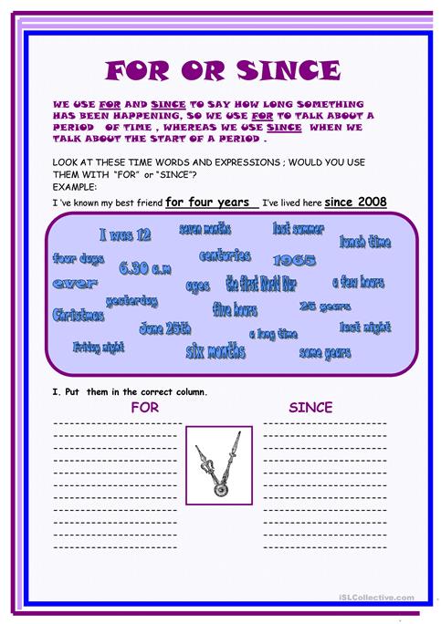 For , Since Or Ago Worksheet