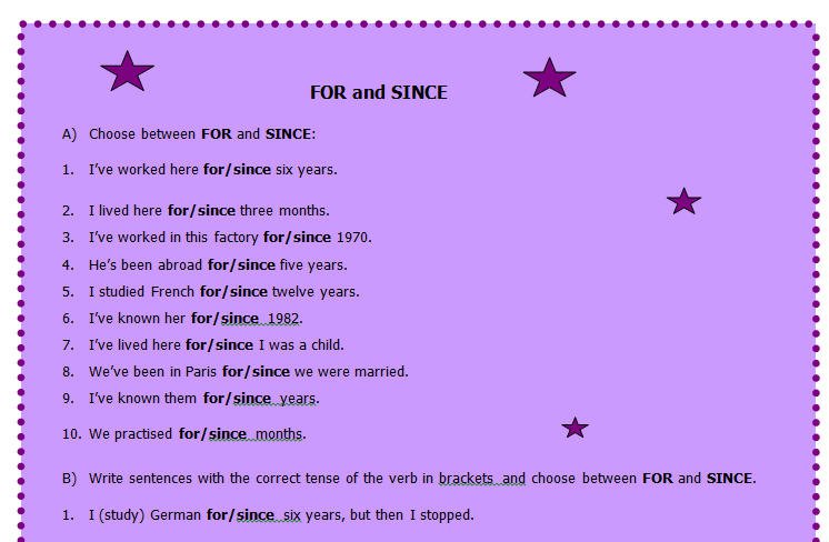 For And Since Worksheet