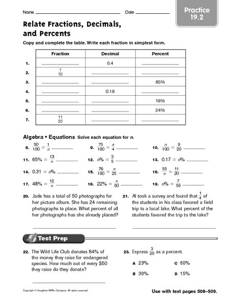 Fractions Decimals And Percents Worksheets 7th Grade | Free Worksheets ...