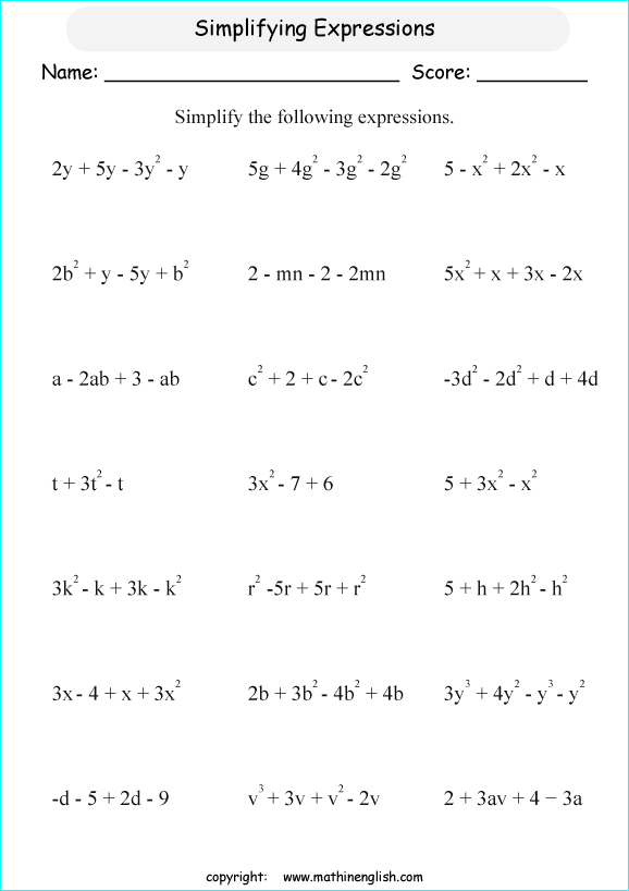 Free Math Worksheets For Grade 6 Algebra