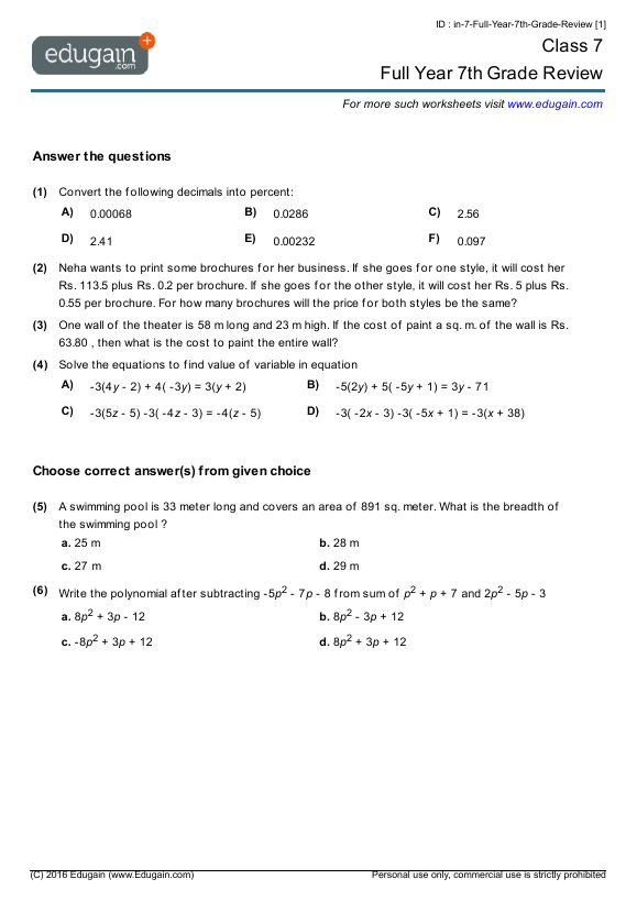 Free Worksheets For Grade 7 Maths