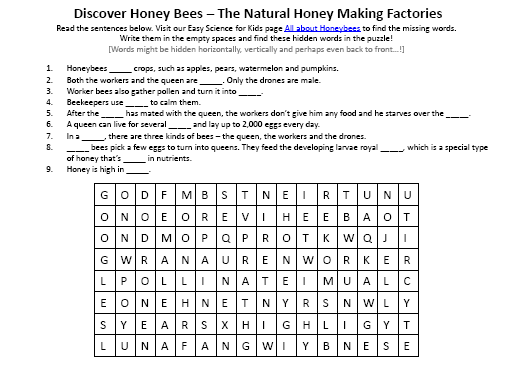 Honey Bees Hidden Words Printable Worksheet Picture