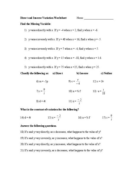 Inverse Variation Worksheet Kuta Worksheets For All