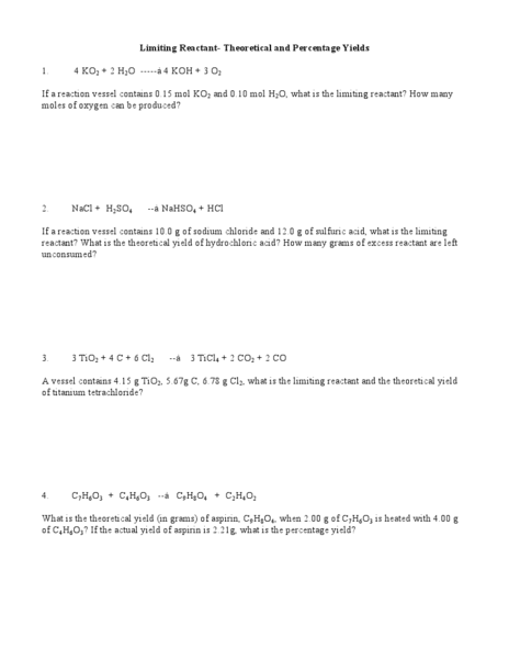 Limiting Reagent Worksheet Limiting Reactant Worksheet Payasu Free