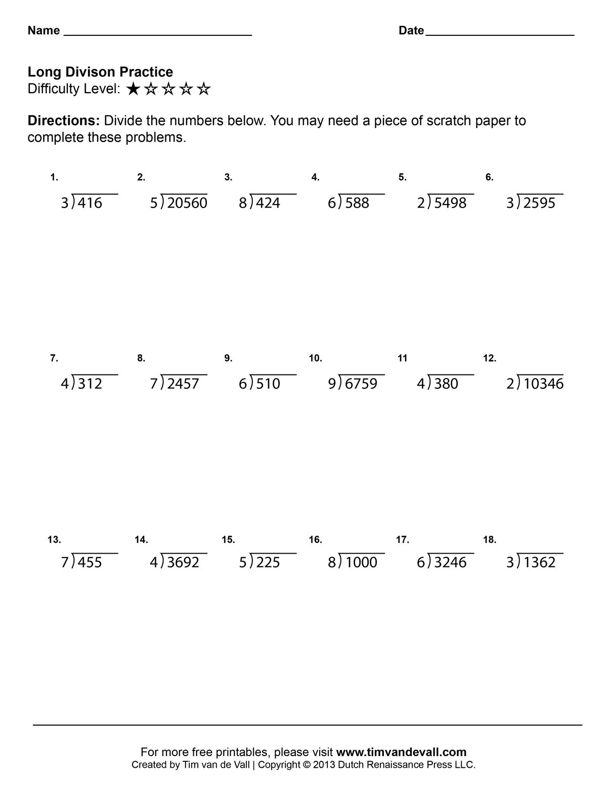 Long Division Questions Worksheet