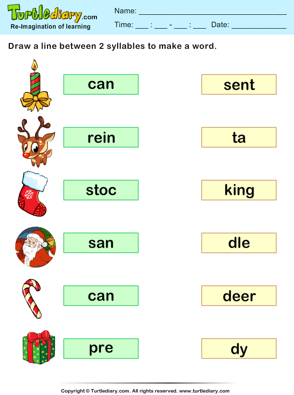 Match Two Syllables Christmas Words Worksheet