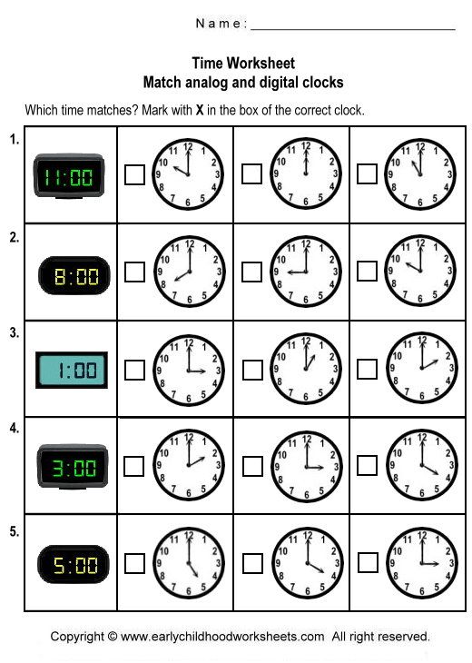 Matching Digital And Analog Clocks Worksheets