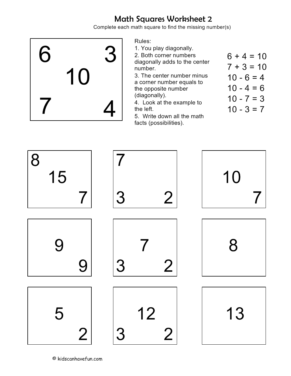 Math Squares Worksheet Complete Each Square To Find The