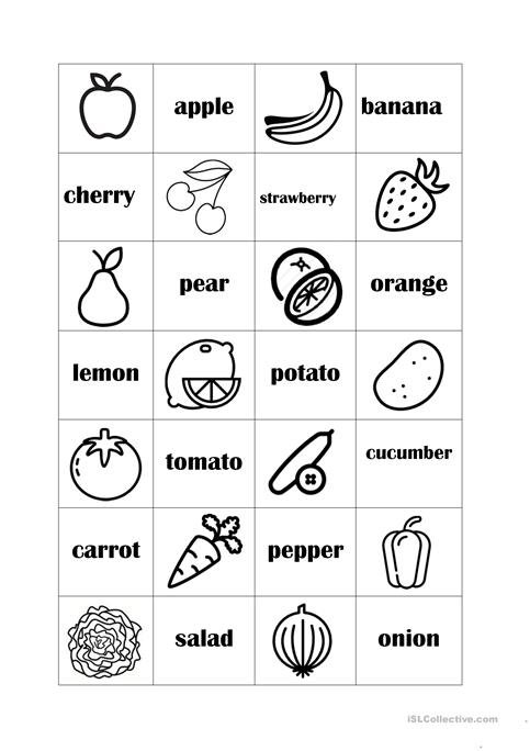 Memory Game Fruits And Vegetables Worksheet