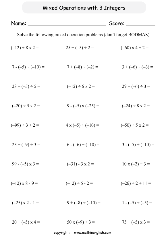 Mixed Operations Math Worksheet With 3 Terms Of Negative Numbers