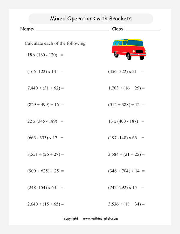 Mixed Operations Worksheet For Grade 5 And 6 Students Involving