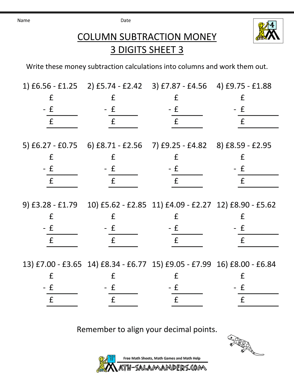 Money Subtraction Worksheets Math Adding Subtracting 2nd Grader