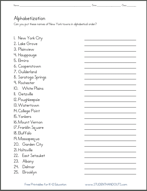 New York Towns In Abc Order Worksheet