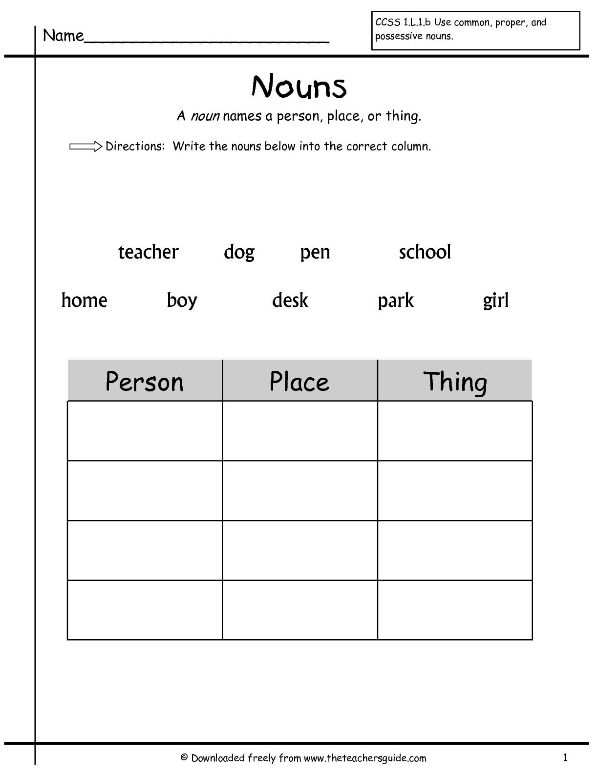 Nouns Worksheet For Grade 1