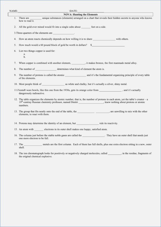 Nova Hunting The Elements Worksheet Answers Nova Hunting The