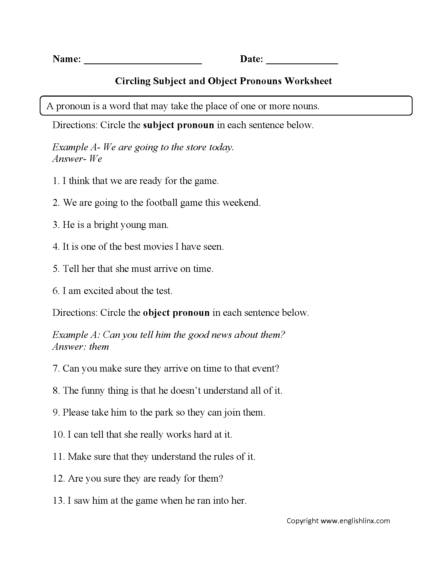 Object Pronouns Worksheets The Best Worksheets Image Collection