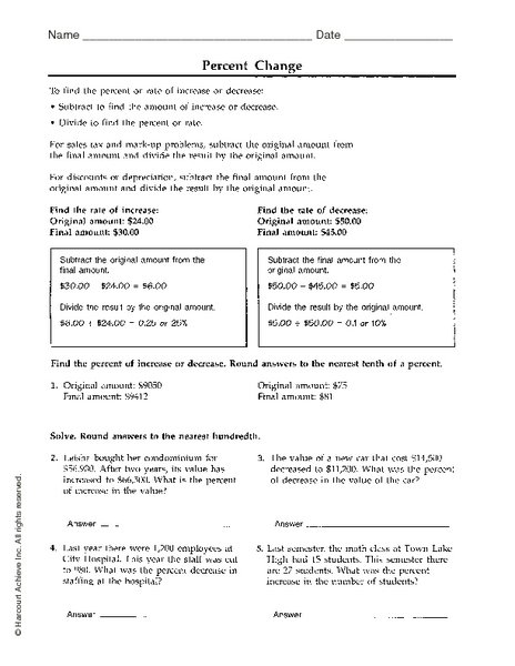 Percent Change Worksheet Worksheets For All