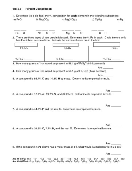 Percent Composition Worksheets Answer Key