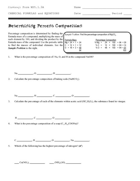 Percent Composition Worksheet Percent Composition Worksheet 2