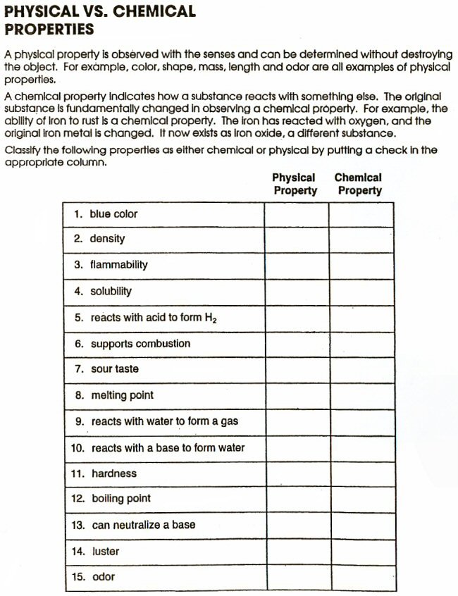 Physical And Chemical Properties Worksheets Physical Science A