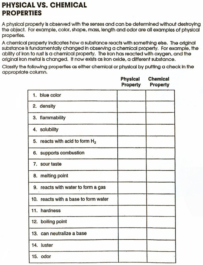 Physical And Chemical Properties Worksheet Printables Physical And