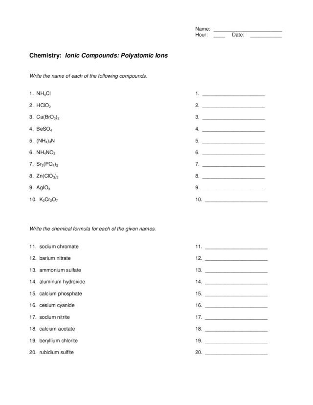 Polyatomic Ions Worksheet Worksheets For All Download And Share