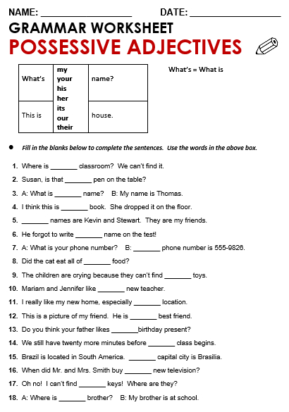 Possessive Pronouns Worksheet Pdf