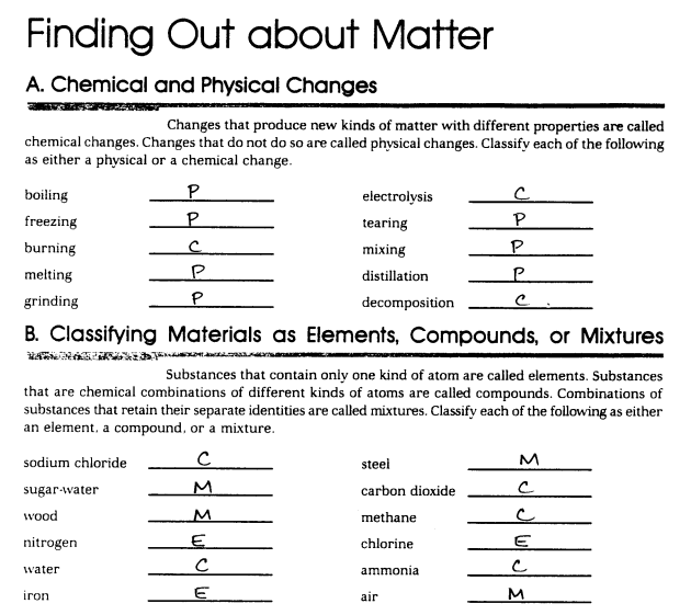 Pure Substances And Mixtures Worksheets