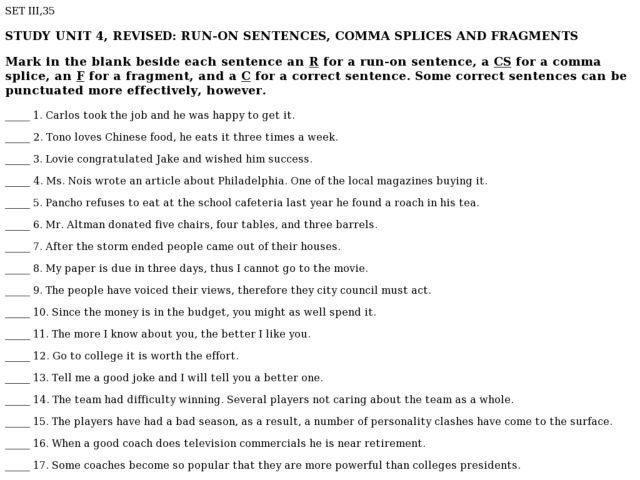 Run On Sentences Worksheet Worksheets For All