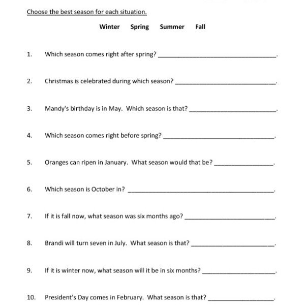 Seasons Worksheets For First Graders
